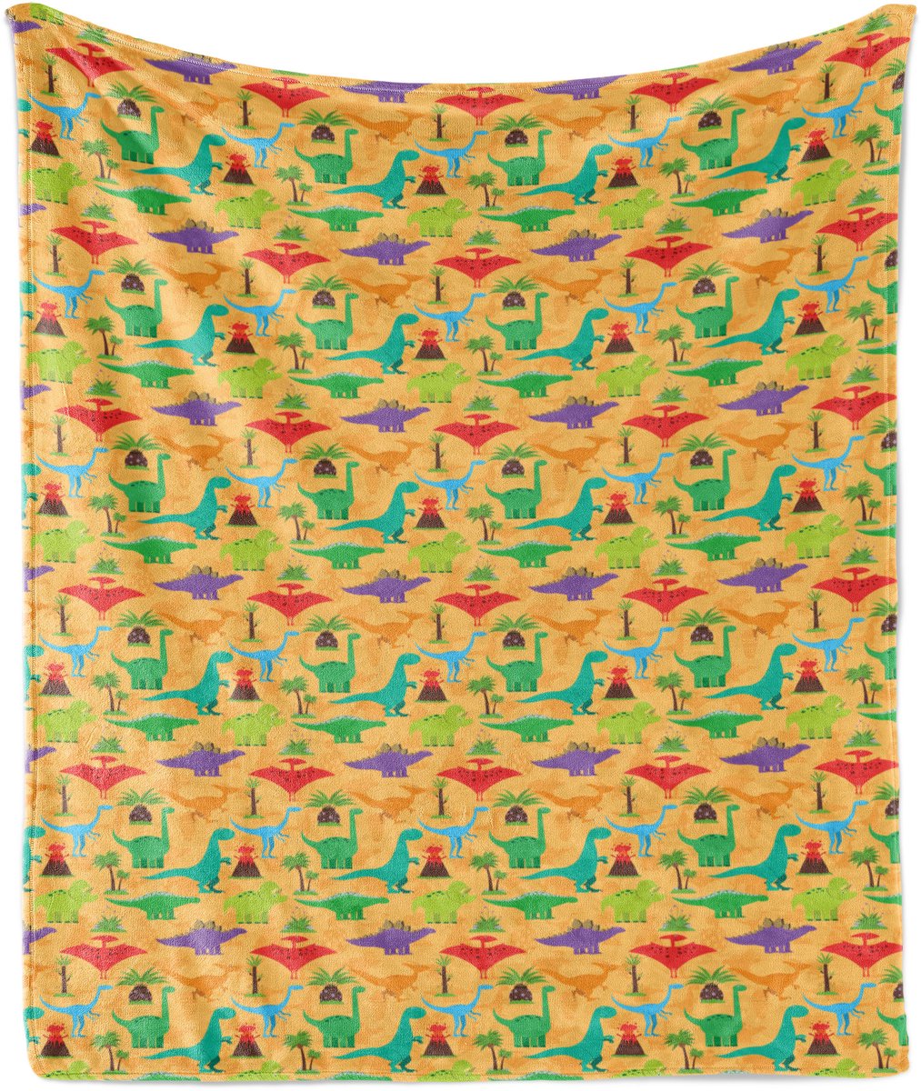 ABAKUHAUS Fantasy Zachte Flanellen Fleece Deken, Dino Planten Vulkaan, Gezellige Pluche Plaid, 125 x 175 cm, Aardgeel Meerkleurig