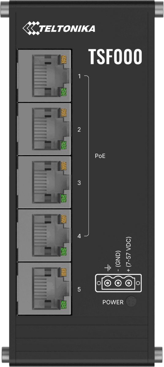 Teltonika TSF000 Industriële PoE+ switch (5x Fast Ethernet, 4x PoE+, DIN-rail)