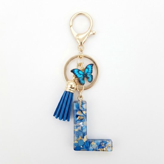Porte-clés lettre L bleu avec gland et papillon – porte-clés pour femmes – chaîne de clés en métal couleur or avec pendentif initial L en acrylique, breloques décoratives et tassel