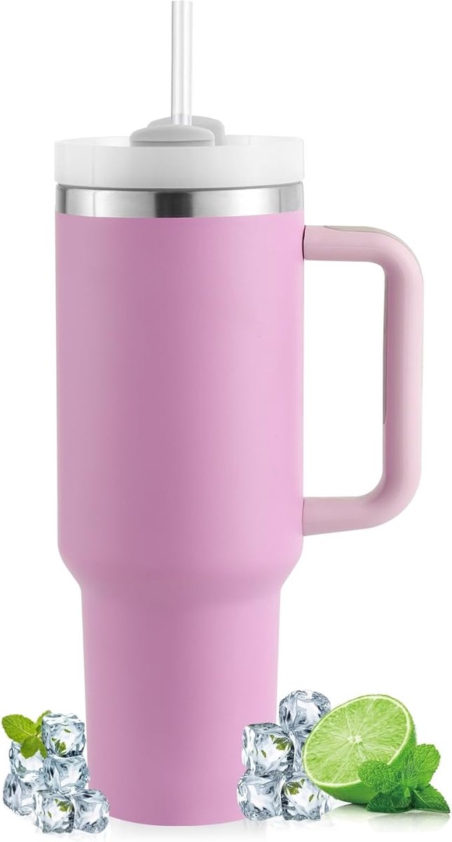 Koffiemok voor Onderweg - Automok - Grote Waterbeker met Rietje - Draagbare Koffiebeker - 1182 ml - Geschikt voor Warme en Koude Koffie - Paars