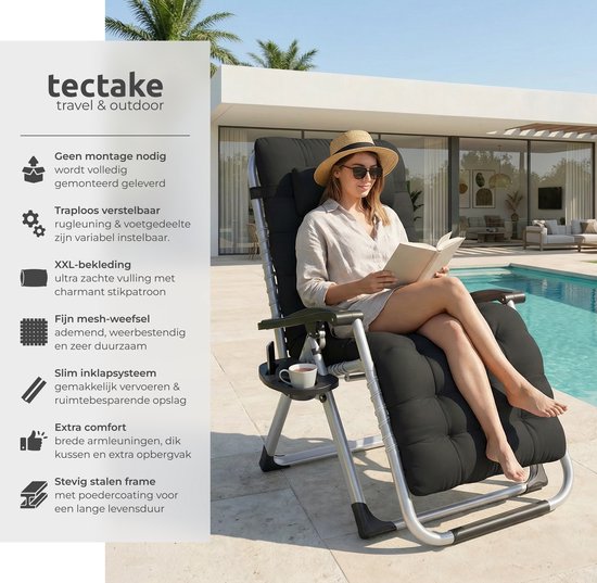 tectake® Opvouwbare Ligstoel Cloud - Tuinstoel met Tafeltje - Bekerhouder - Traploos Verstelbaar - Voor Balkon, Camping of Tuin - Relaxstoel met extra dik Kussen - Strandstoel - Ligbed - Div. kleuren - Zwart van Merkloos — afbeelding 2