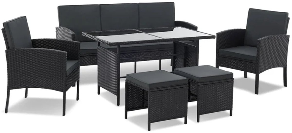 Tuinset / Loungeset / Zitgroep Turin - 7 personen - Polyrattan - Incl. kussens - Zwart