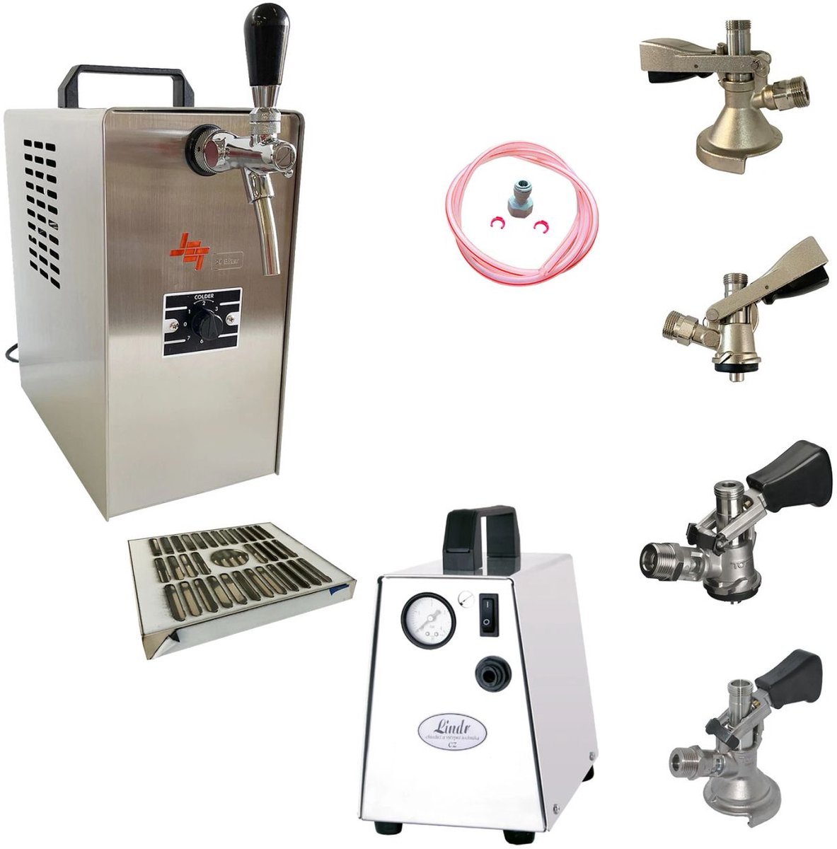 Compleet set tapinstallatie JET 30 bierkoffer met doorstroomkoeler 1-lijn droge koeler tot 35 liter/uur, tapkop NC adapter en compressor VK15