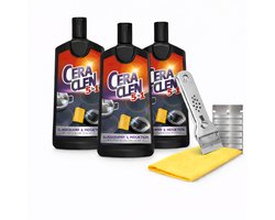 Ceraclen 3x 200 ml Kookplaat Reiniger Set – 5-delig – Glas Keramiek & Inductie – met GREENVIDA Reinigingsdoek & Kookplaat Schraper met 5 vervanging mesjes - Alternatief voor Cerafix