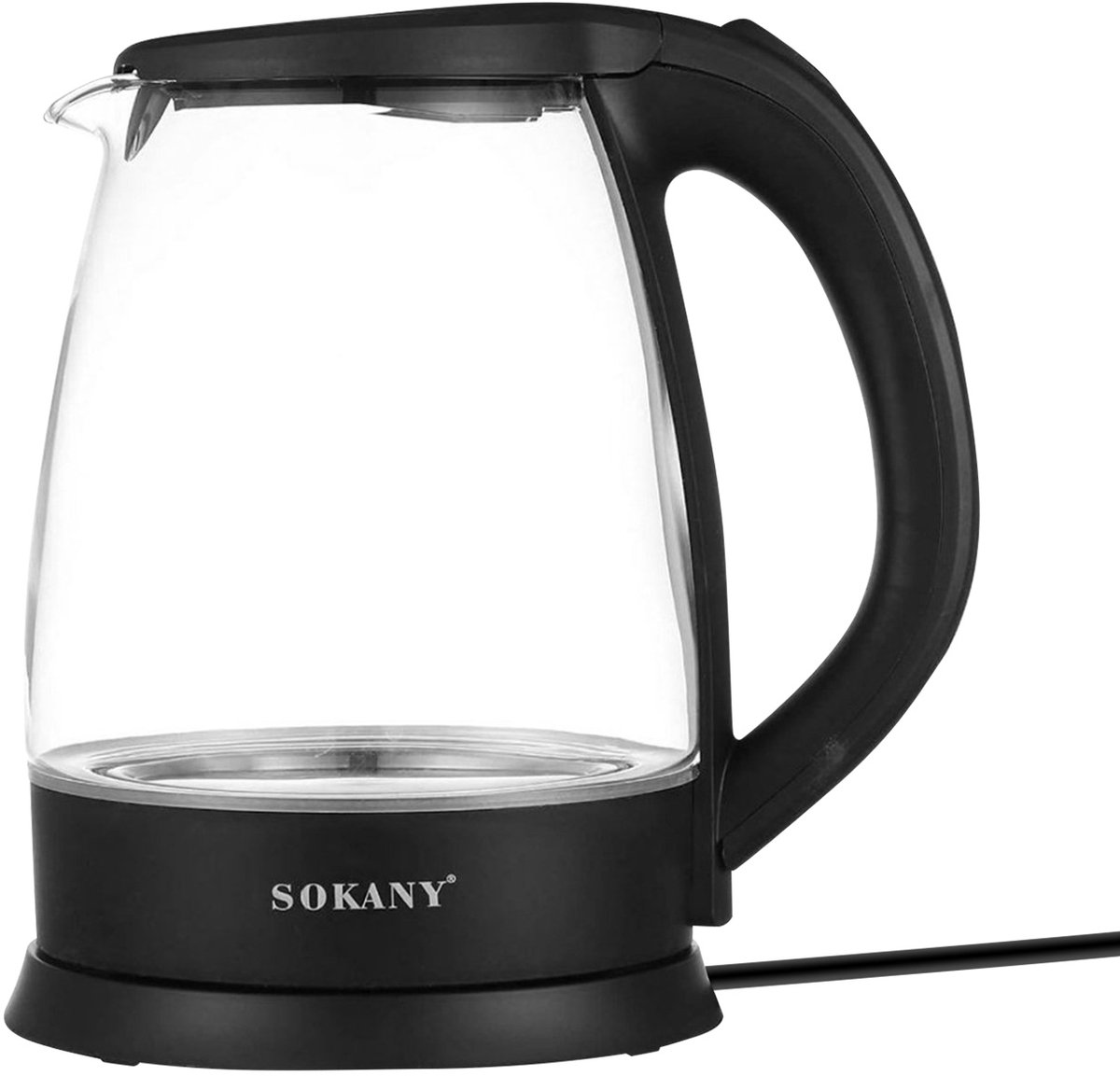 Sokany, Elektrische Waterkoker 1500W Glas 2L met 360° Draaibare Basis, Zwart