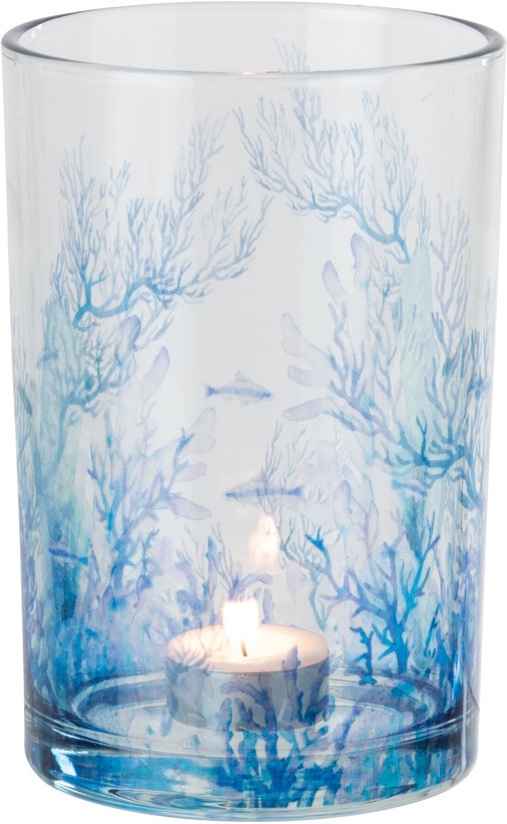 J-Line theelichthouder Koraal - glas - transparant/blauw - large