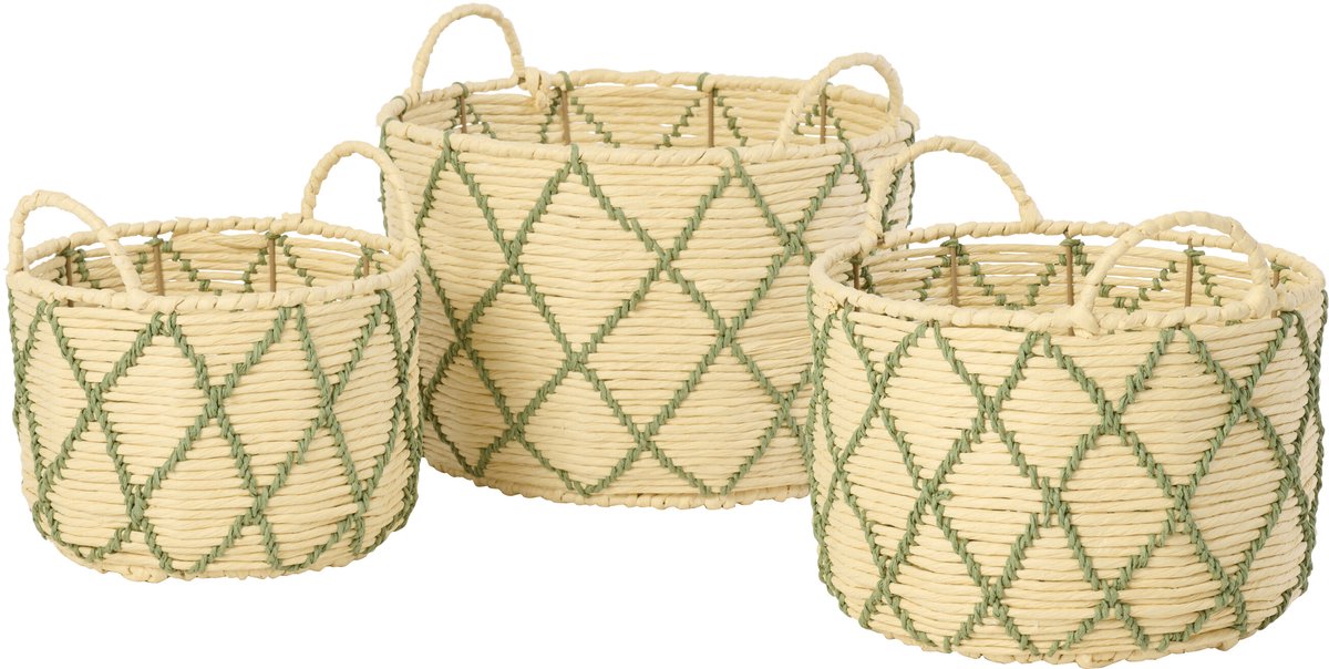 J-Line mand met handvat Rond Geruit - ijzer - naturel/kakigroen - set van 3