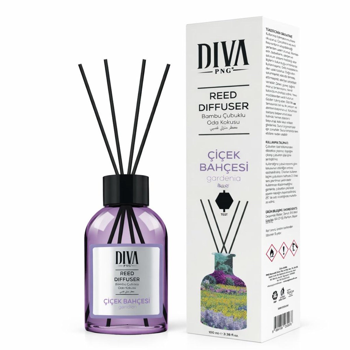 DIVA PNG Reed Diffuser Cicek Bahcesi 100ml – Geurstokjes met Gardeniaparfum – Luxe Huisparfum met Bamboestokjes – Langdurige Geurverspreiding