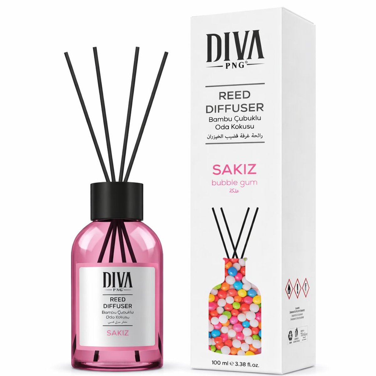 DIVA PNG Reed Diffuser Sakiz 100ml – Geurstokjes met Bubblegumparfum – Luxe Huisparfum met Bamboestokjes – Langdurige Geurverspreiding