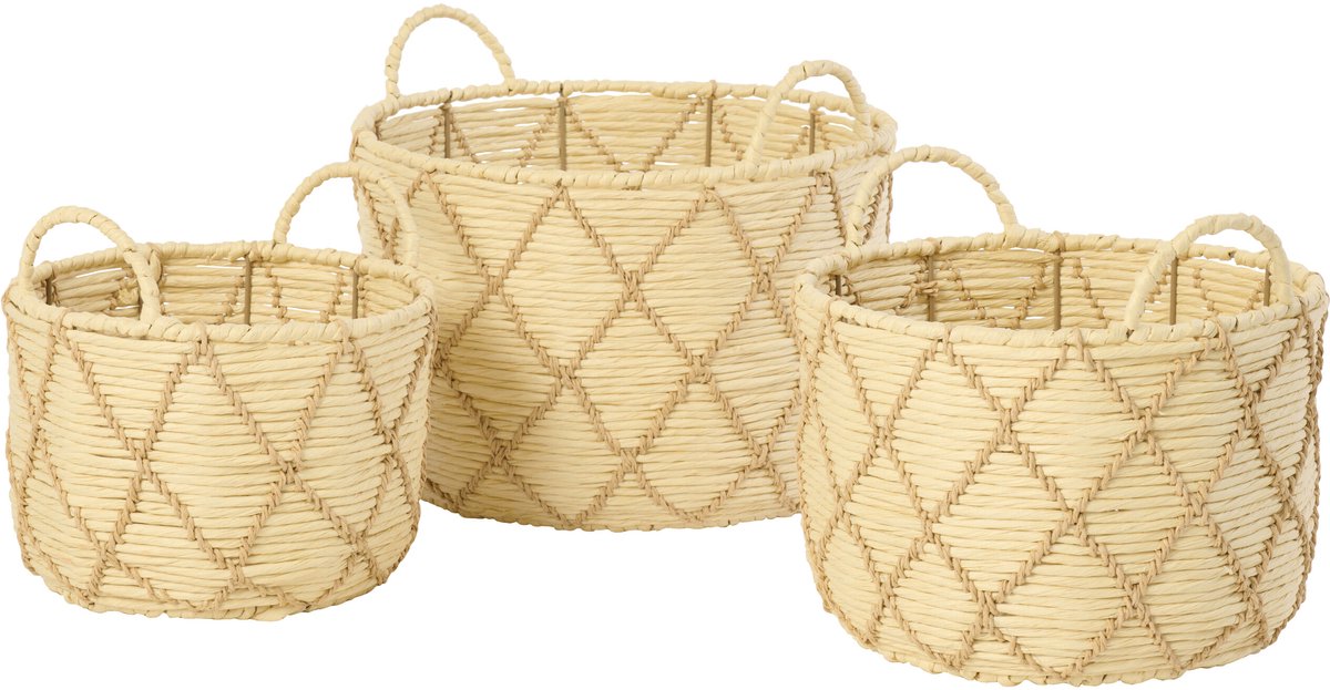 J-Line mand met handvat Rond Geruit - ijzer - naturel/beige - set van 3