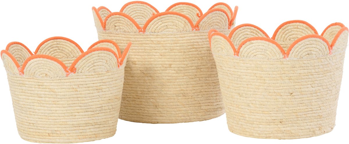 J-Line mand Bloem Maïskaf - riet - naturel/oranje - set van 3