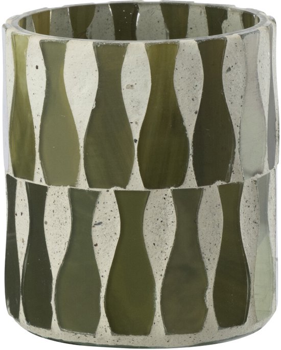 Kleine olijfgroene en witte kandelaar met druppelvormig patroon.