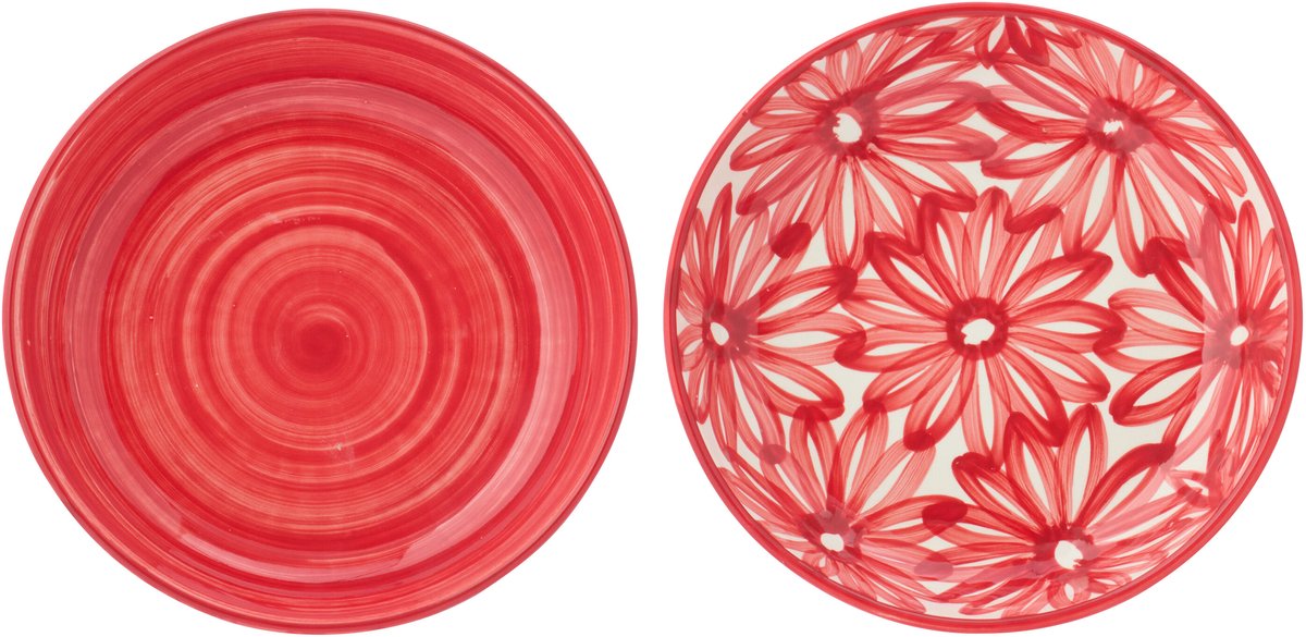 J-Line bord Diep Lebrillo + Bloemen - keramiek - rood - set van 2