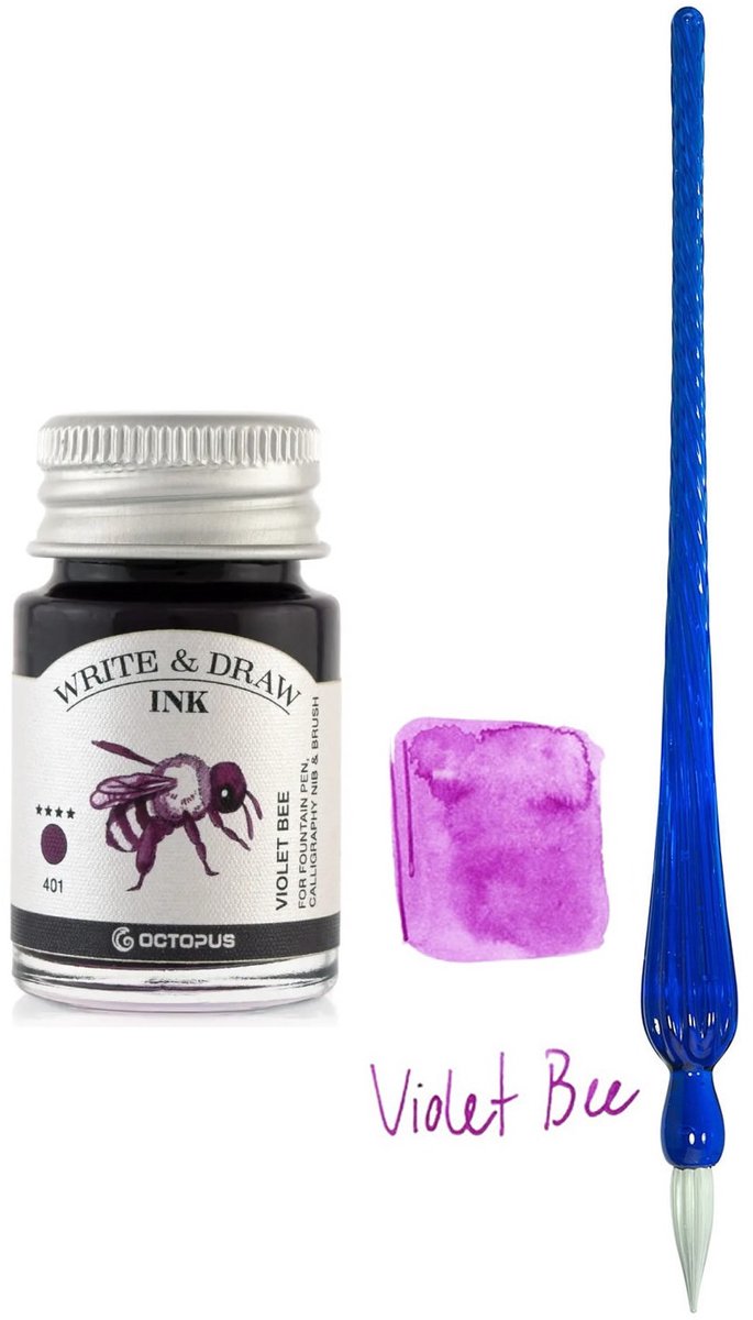 Glazen dip pen set in doosje - Blauw - Potje Octopus inkt violet bee
