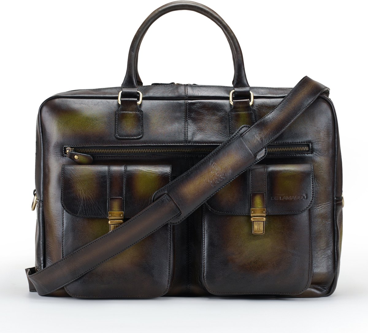 DE LAMASSU® ( Kian ) leren laptoptas 17 inch – unisex XL business tas met trolleyband, 2 voorvakken & schouderriem – grote leren aktetas voor kantoor, werk en reizen