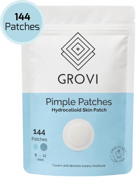 Grovi Premium Pimple Patch 144 Stuks - Puisten Verwijderaar - Acne Patches - Hyrdocolloid - Emergency Dots - Anti Mee-eters - 8 & 12MM