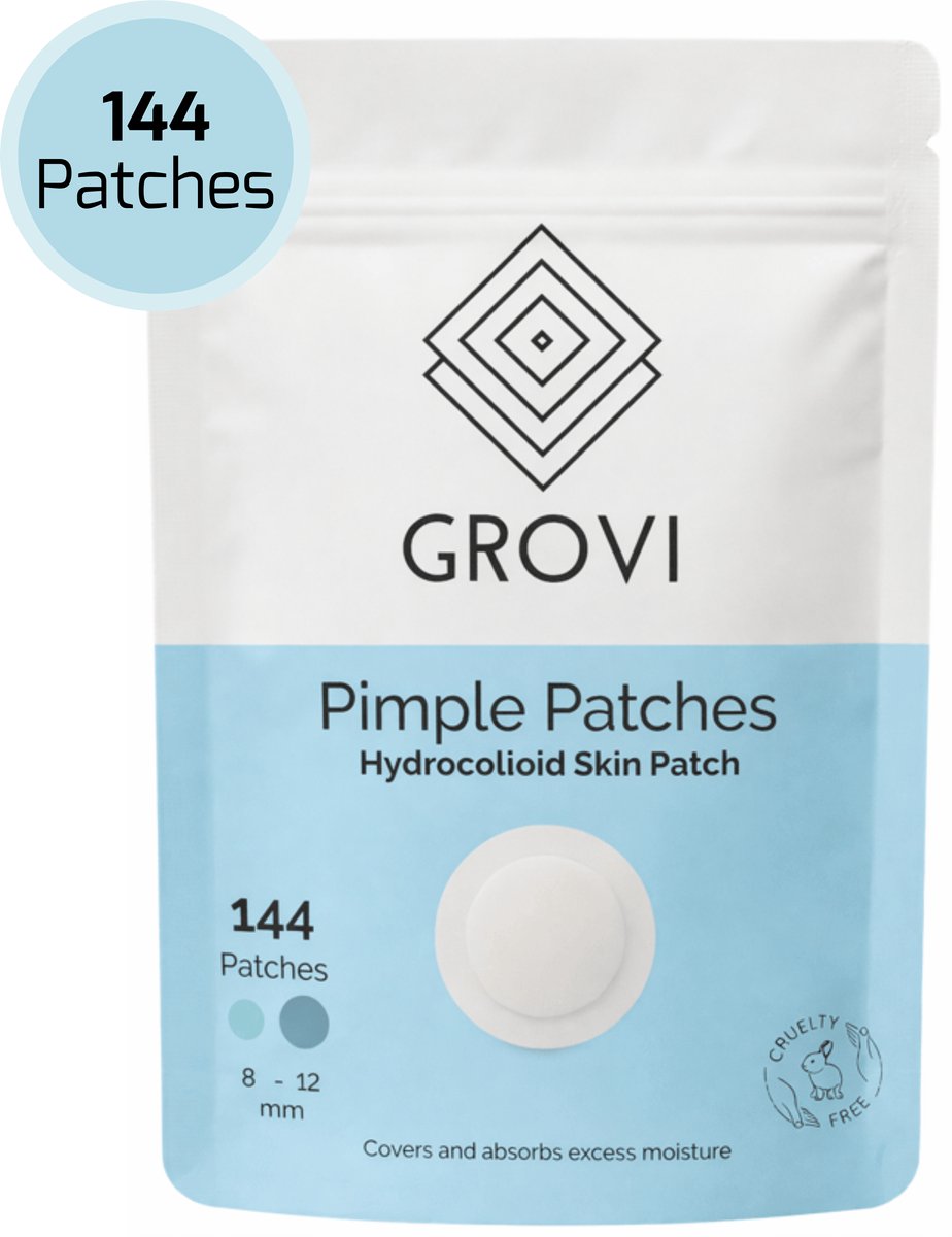 Grovi Premium Pimple Patch 144 Stuks - Onzichtbare Puisten Verwijderaar - Acne Patches - Hyrdocolloid - Emergency Dots - Anti Mee-eters - 8 & 12MM