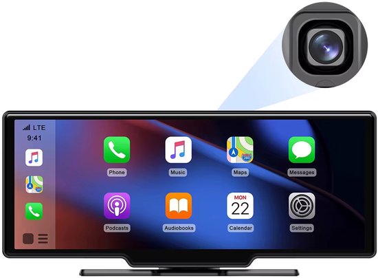 Draadloos CarPlay Android Auto scherm 10.26” IPS touchscreen met voorcamera, portable, zonder inbouw