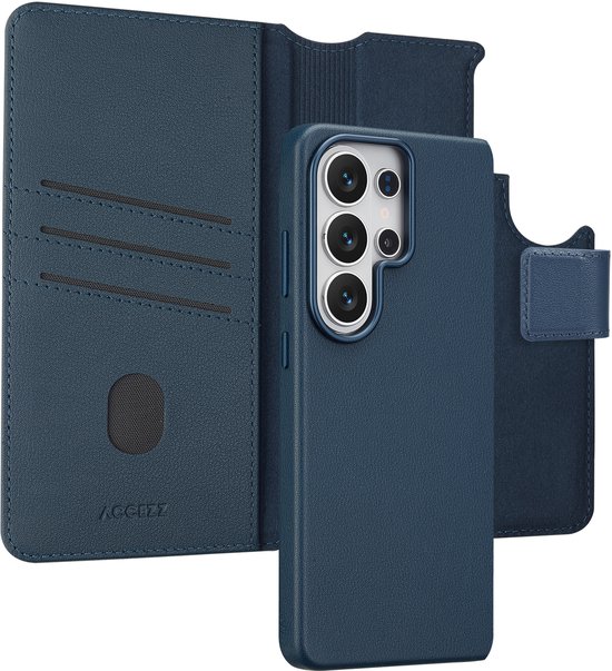 Donkerblauwe lederen bookcase telefoonhoes, opengeklapt met zicht op kaarthouders en een losse telefoonhoes.