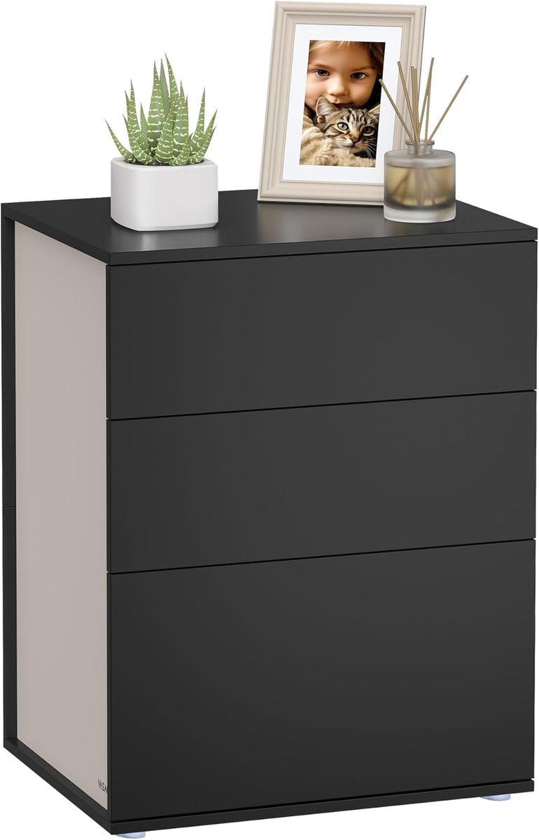 Hoppa! Nachtkastje - Inkt Zwart, Cappuccino Beige - Spaanplaat - 35 x 45 x 58 cm (B x D x H)