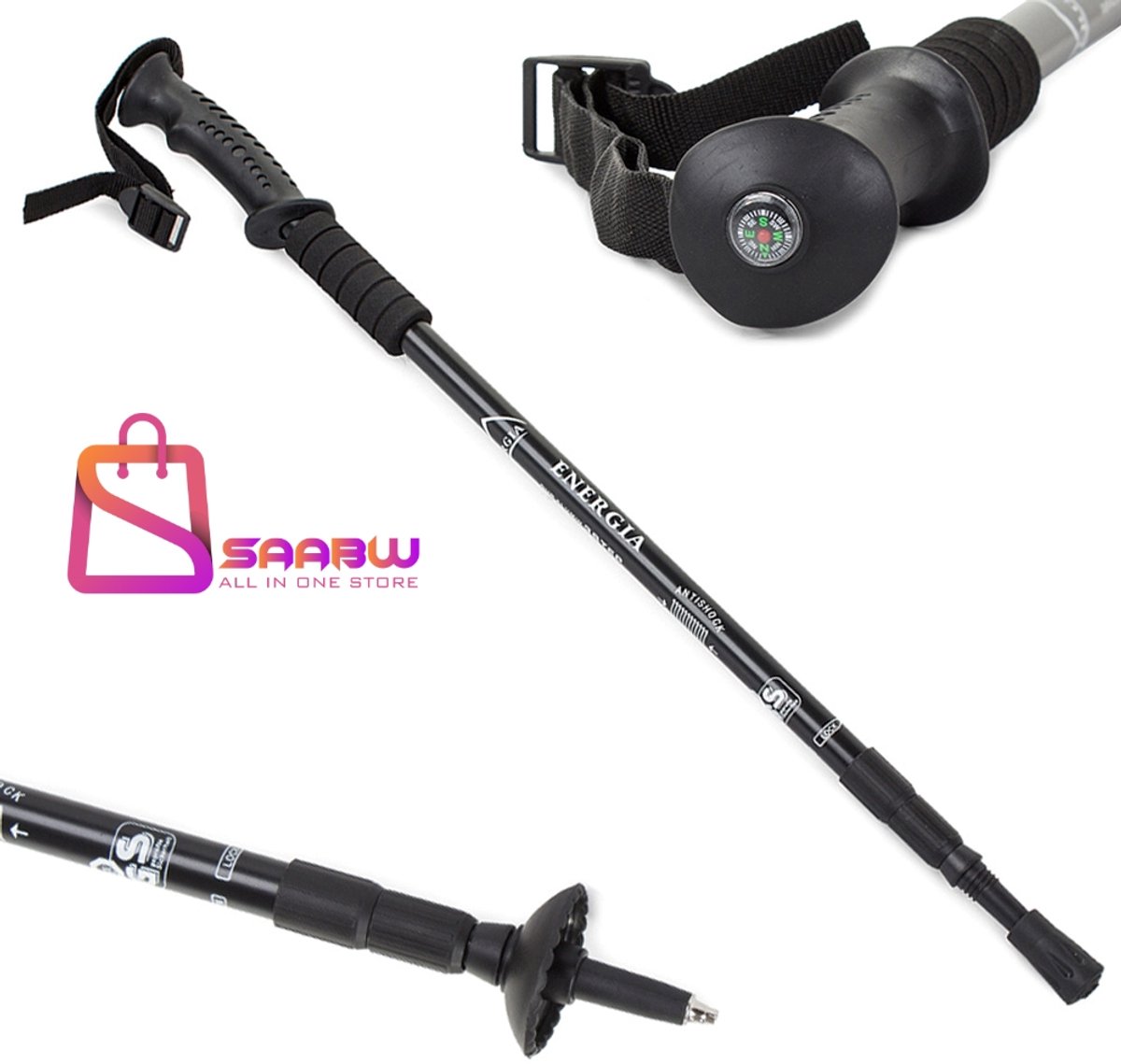 Telescopische Nordic Walking Stok Met Kompas – Anti Shock Aluminium – Zwart – nordic walking stokken – 12759
