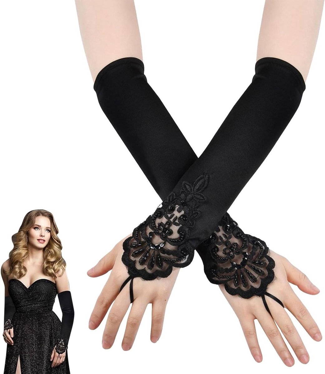 Kanten Dameshandschoenen met veerpunt - Zwarte handschoenen voor bruiloft en party - Elegant avondaccessoire