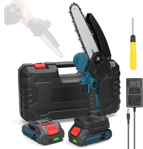 Mini Kettingzaag – 21V Draadloos – 15 cm Zaagblad – 2x 1300mAh Accu – Veilig & Lichtgewicht voor Tuin & Houtbewerking