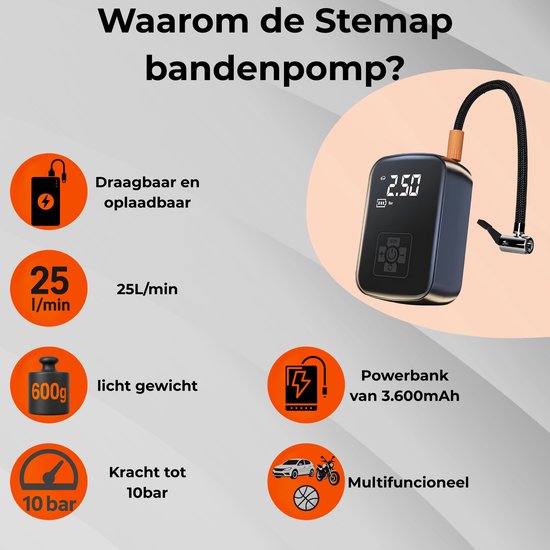 Stemap Compressor Bandenpomp - Elektrische Fietspomp - Luchtcompressor voor Auto, Scooter, Motor & Fiets - 3.600mAh - Oplaadbaar & Draagbaar - Met Verlichting - Tot 10bar van Merkloos — afbeelding 4