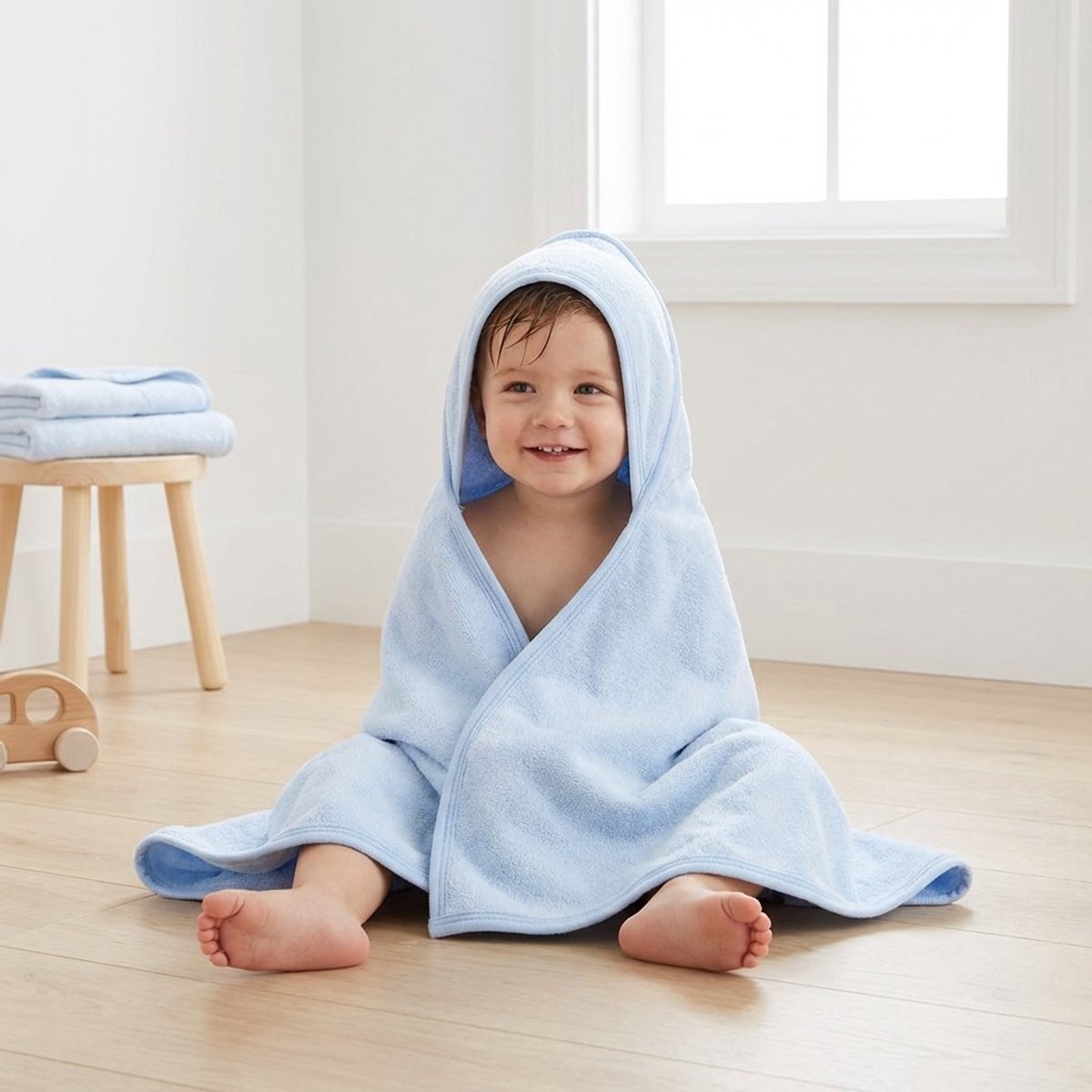 NEW BABY - Badcape - babybadhanddoek capuchon 100x100 cm blauw katoen - handdoek - badhanddoek - absorberend - kinderbadcape - badcape