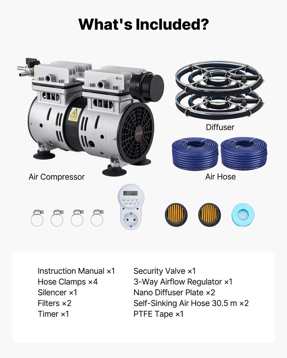 VEVOR Vijverbeluchter, Vijverbeluchtingssysteemset, Incl. 590W Luchtpomp, 30,5m Luchtslang, 2x360° Nano-diffusorplaten, Luchtcompressor voor Zuurstofcirculatie In Vijver en Watertuin — cadeau in Cadeau-ideeën - foto 8