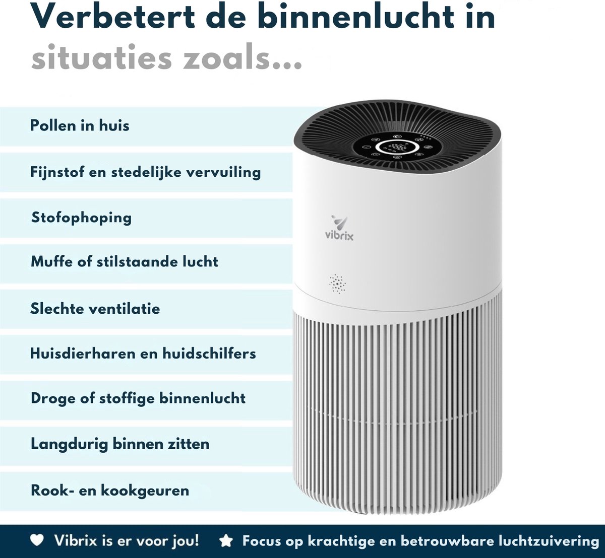 Vibrix PureFlow70 Luchtreiniger / Air Purifier – HEPA H13 + koolstoffilter – 468 m³/u – Voor kamers tot ca. 70 m² – Ionisator – App-bediening – Zeer stil met slaapstand – Luchtkwaliteitindicator — afbeelding 4