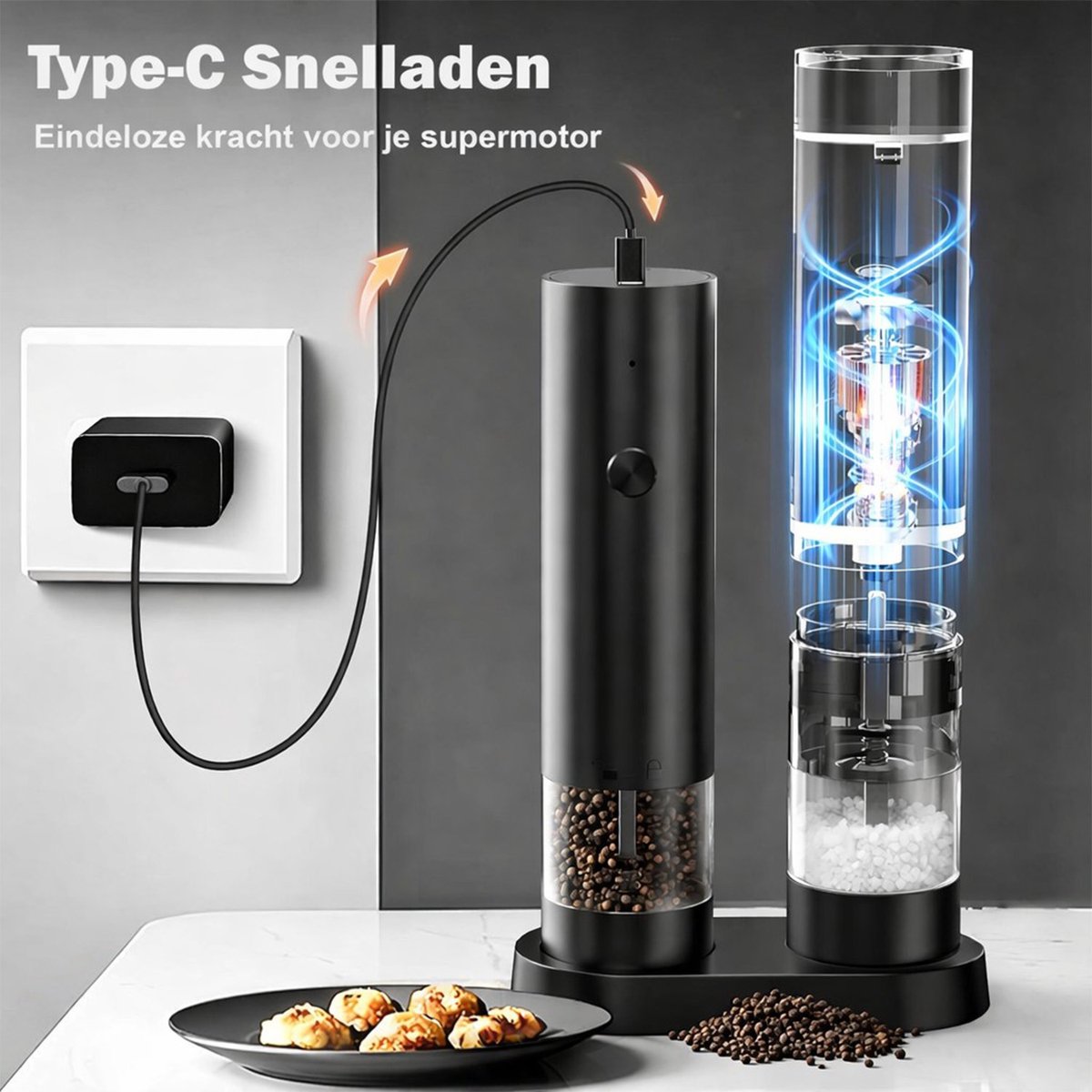 Rivv® Elektrische Zout- en Pepermolen Set - USB-C Oplaadbaar - Automatisch - Instelbare Maalgraad - Inclusief Houder en Reinigingsborstel - Zwart — cadeau in Kookcadeaus - foto 6