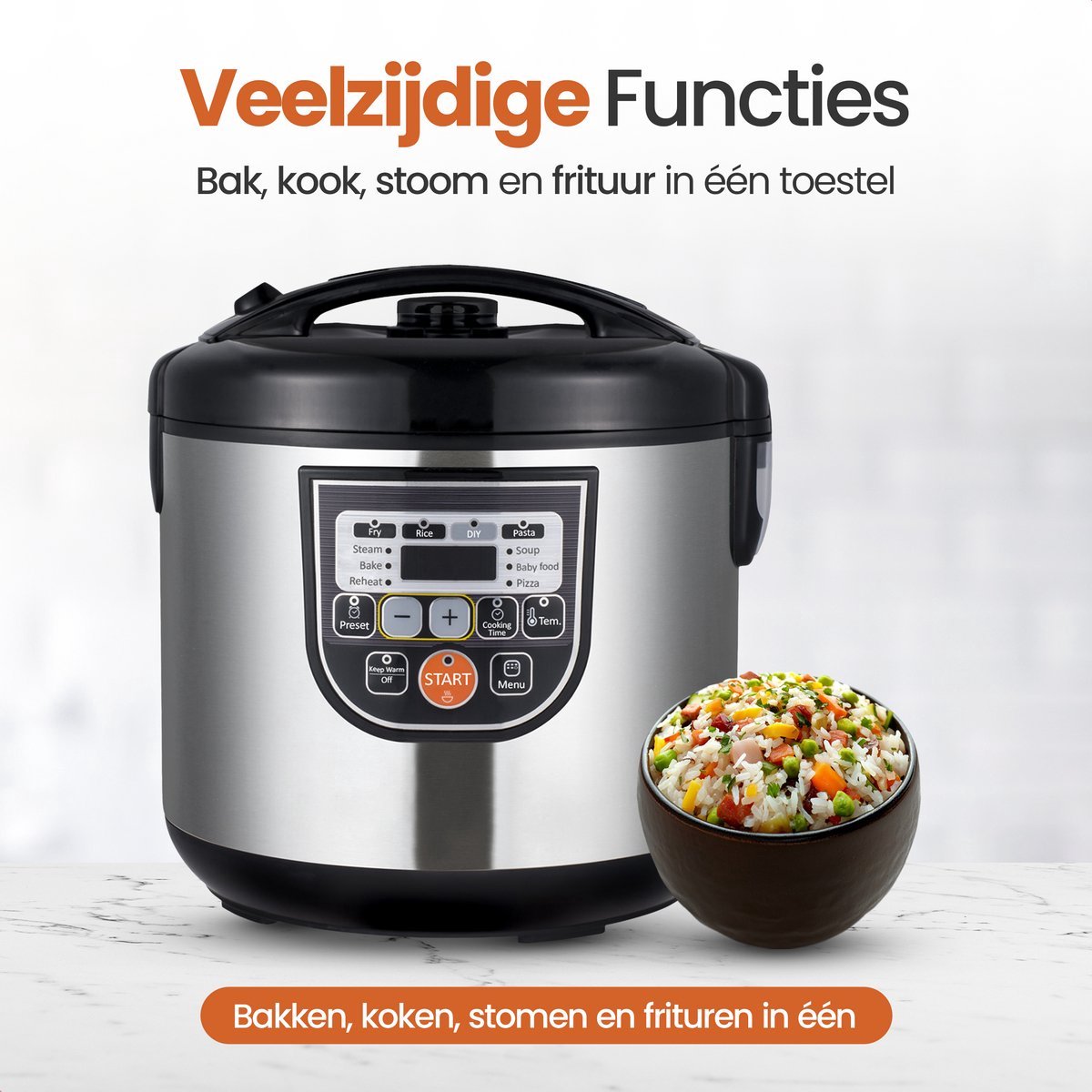 Rijstkoker met Stoomfunctie – 5L – Multicooker met 11 Programma’s – Geschikt als Rice Cooker & Slowcooker – PFAS-vrij – Zwart RVS – foto 7