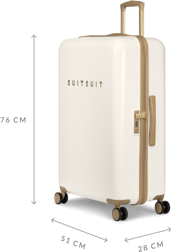 Witte koffer met gouden rits, handvat, slot en wielen. Afmetingen 76x51x28 cm.