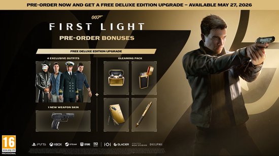 James Bond 007 First Light pre-order bonussen: 4 outfits, gleam pack met kistje en aansteker, wapenskin en pen.