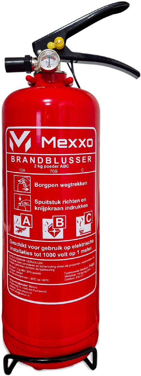 Brandblusser 2 kg ABC – Met wandbeugel & keuringssticker - Mexxo Poederblusser – Geschikt voor thuis, auto en bedrijf