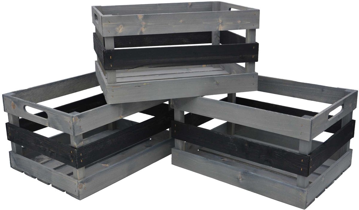 UNUS® Kist houten vintage grijs zwart 39x29x21 cm set van 3