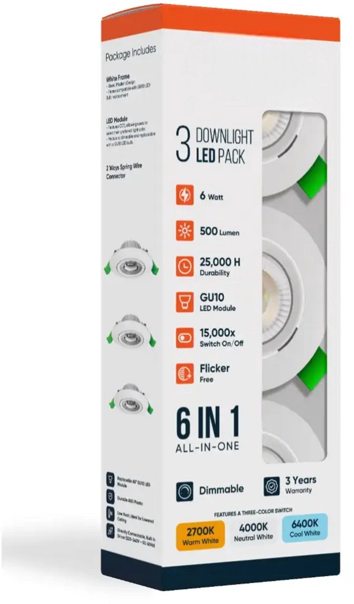 LDS - LED inbouwlamp - 6W - Aanpasbare Kleur CCT - 2700K/4000K/6400K - 500 Lumen - DIMBAAR - Rond - Mat Wit- Buiten Diameter 85 mm - Set van 3 inbouwlamp - IP20 - Woonkamer - Keuken