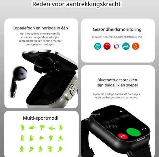 Montage van smartwatch en oordopjes, met iconen voor gezondheidsmonitoring en een scherm voor Bluetooth-gesprekken.