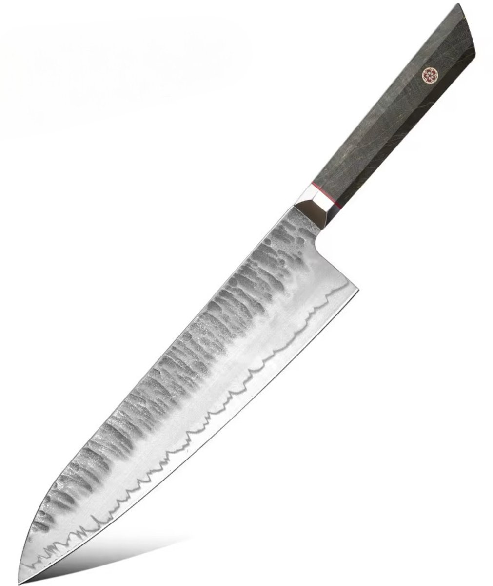 KAAMUT® Gyuto Mes 23 cm 3 Lagen Damascusstaal – Kern van 10Cr15CoMoV Staal – Vlijmscherp – Professioneel Koksmes – Burlhout Handvat