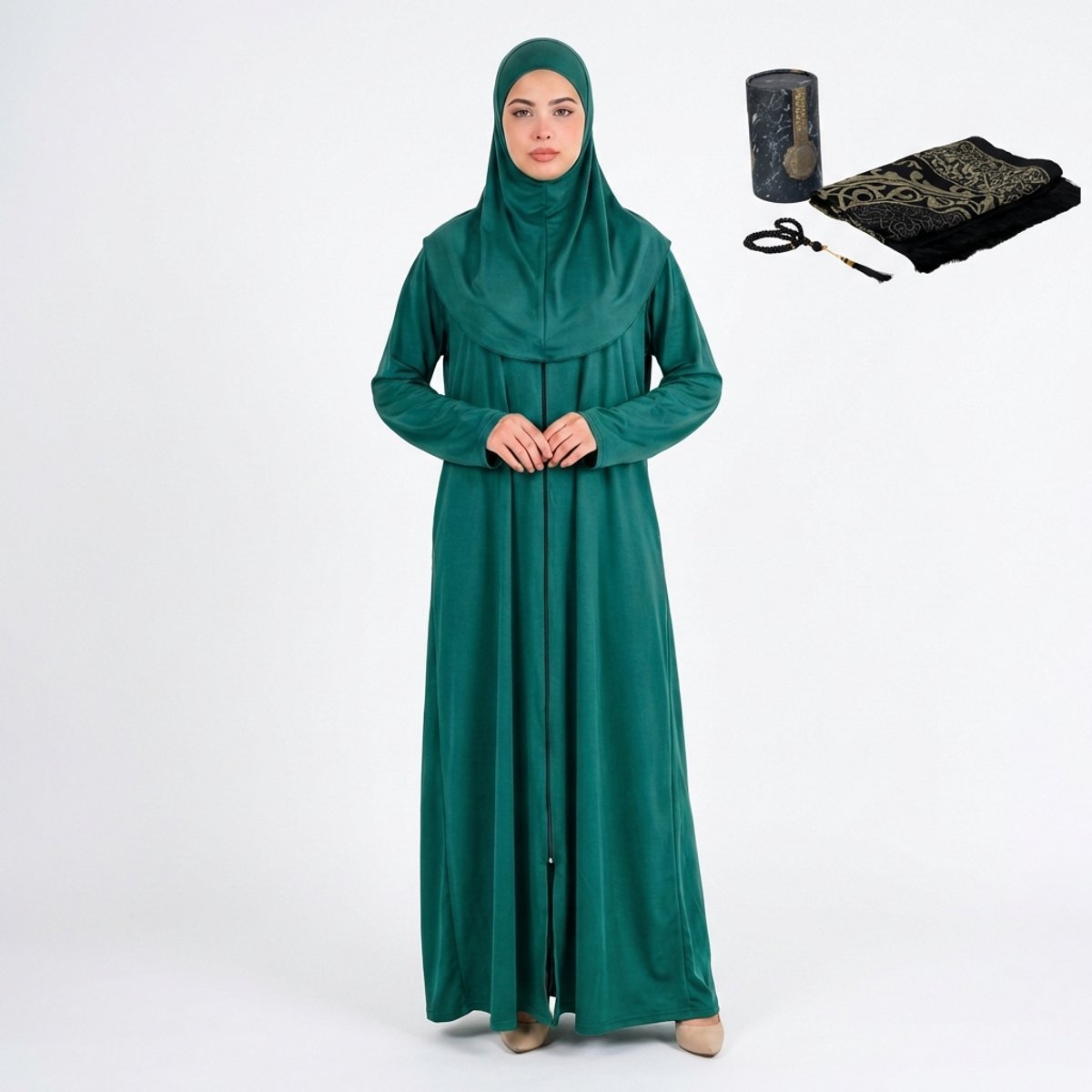FIRASET Dames Eendelige Gebedskleding met Hijab – Lange Abaya Kaftan + islamitische geschenkset met gebedskleed (seccade) en gebedskralen, cilindervormige doos – Made in Turkije