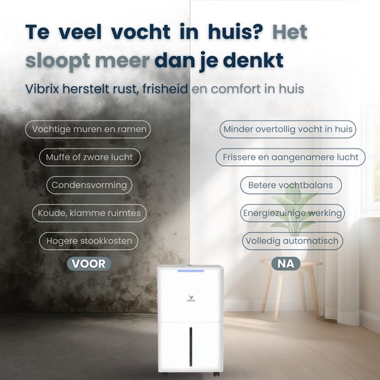Vibrix DryFlow6 Luchtontvochtiger – 6L per dag – Wasdroogfunctie – Stil & Energiezuinig – Ontvochtiger voor Badkamer, Kelder, Zolder & Slaapkamer – Slimme Dehumidifier