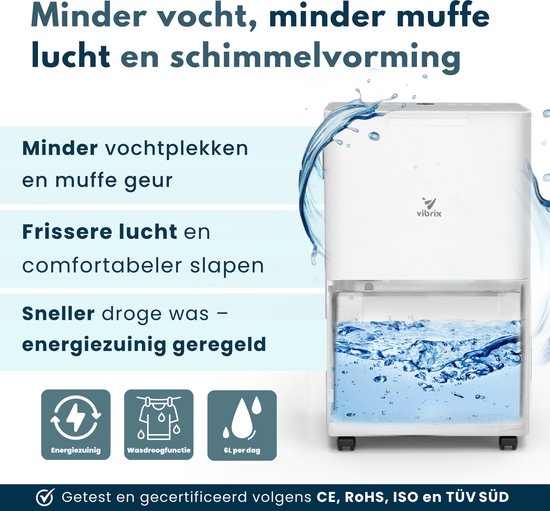 Vibrix DryFlow6 Luchtontvochtiger – 6L per dag – Wasdroogfunctie – Stil & Energiezuinig – Ontvochtiger voor Badkamer, Kelder, Zolder & Slaapkamer – Slimme Dehumidifier