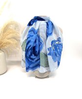Lange dames sjaal Lizzy-gebloemd motief-blauw groen goud lichtblauw olijf koningsblauw donkerblauw