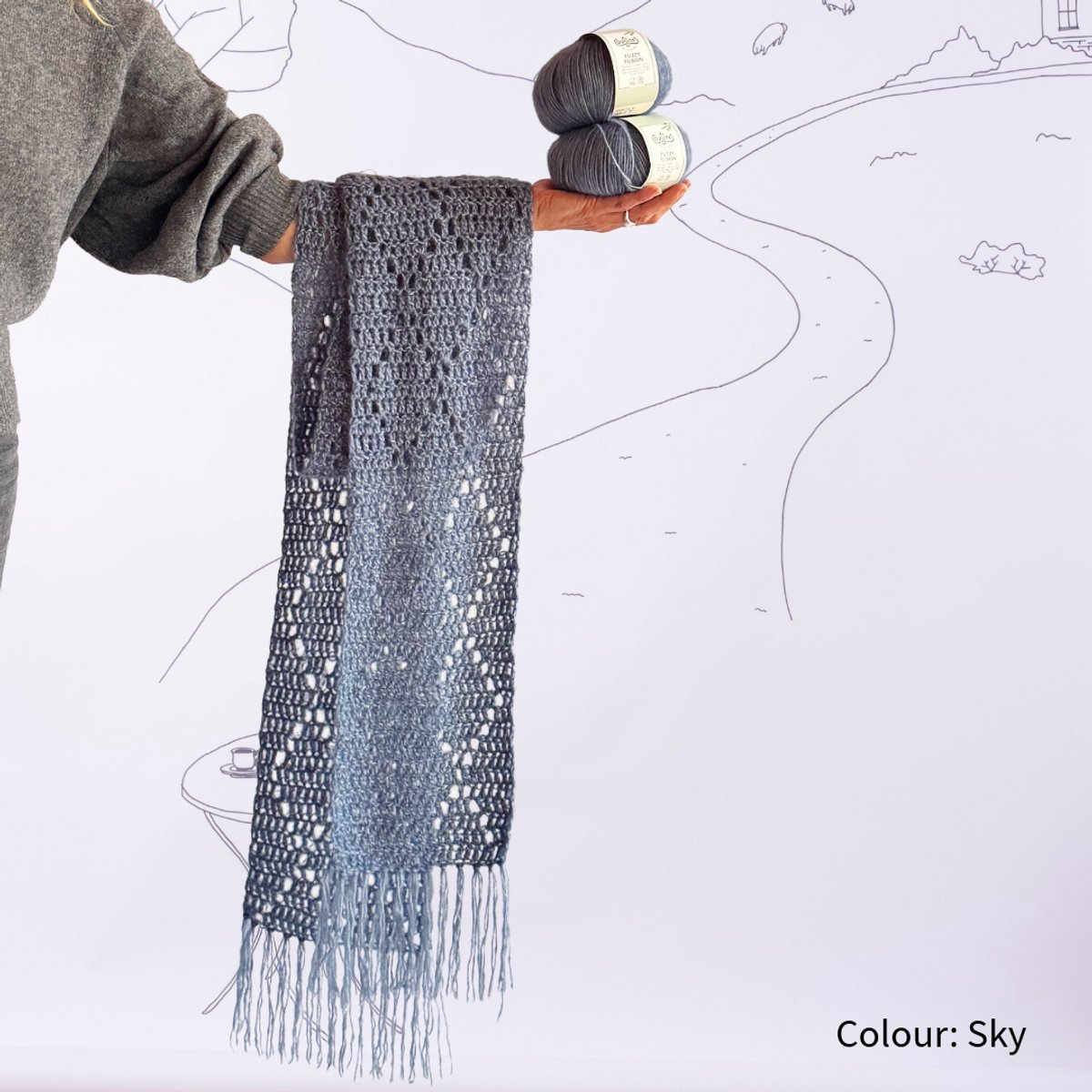 Les Cousines - all-in haakpakket - Diamond Scarf- kleur Sky - eenvoudige sjaal haken voor volwassenen
