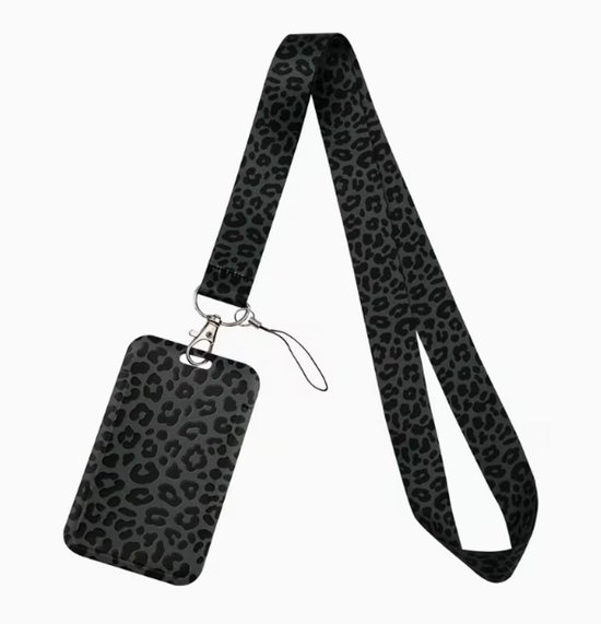 Lanière noire avec imprimé léopard noir/gris et porte-badge assorti.