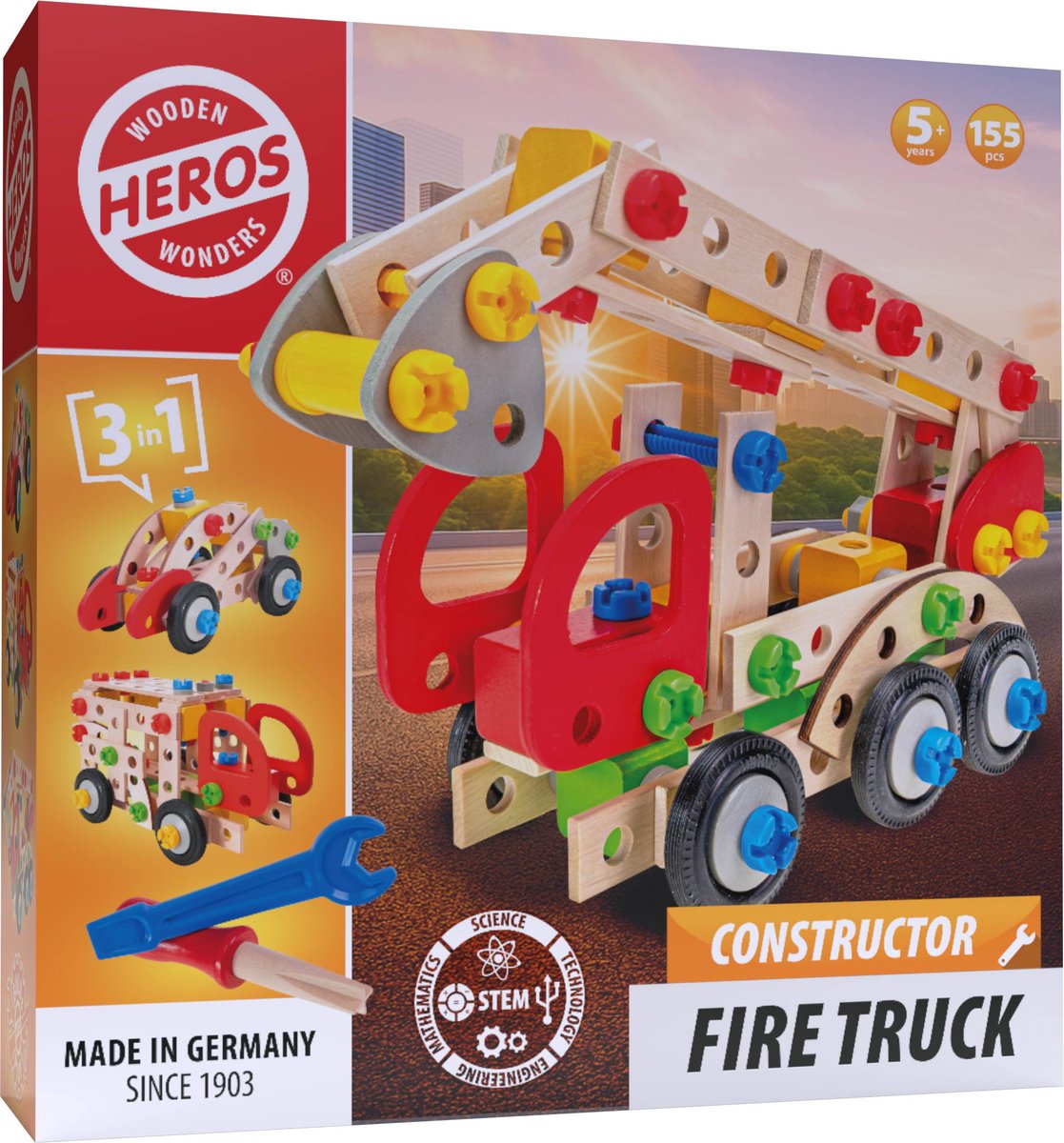 Heros Constructor Brandweerwagen – Constructiespeelgoed – 3-in-1 – 155 Onderdelen – Houten Bouwset – FSC Hout – Gemaakt in Duitsland – Zelf Bouwen – Vanaf 5 Jaar