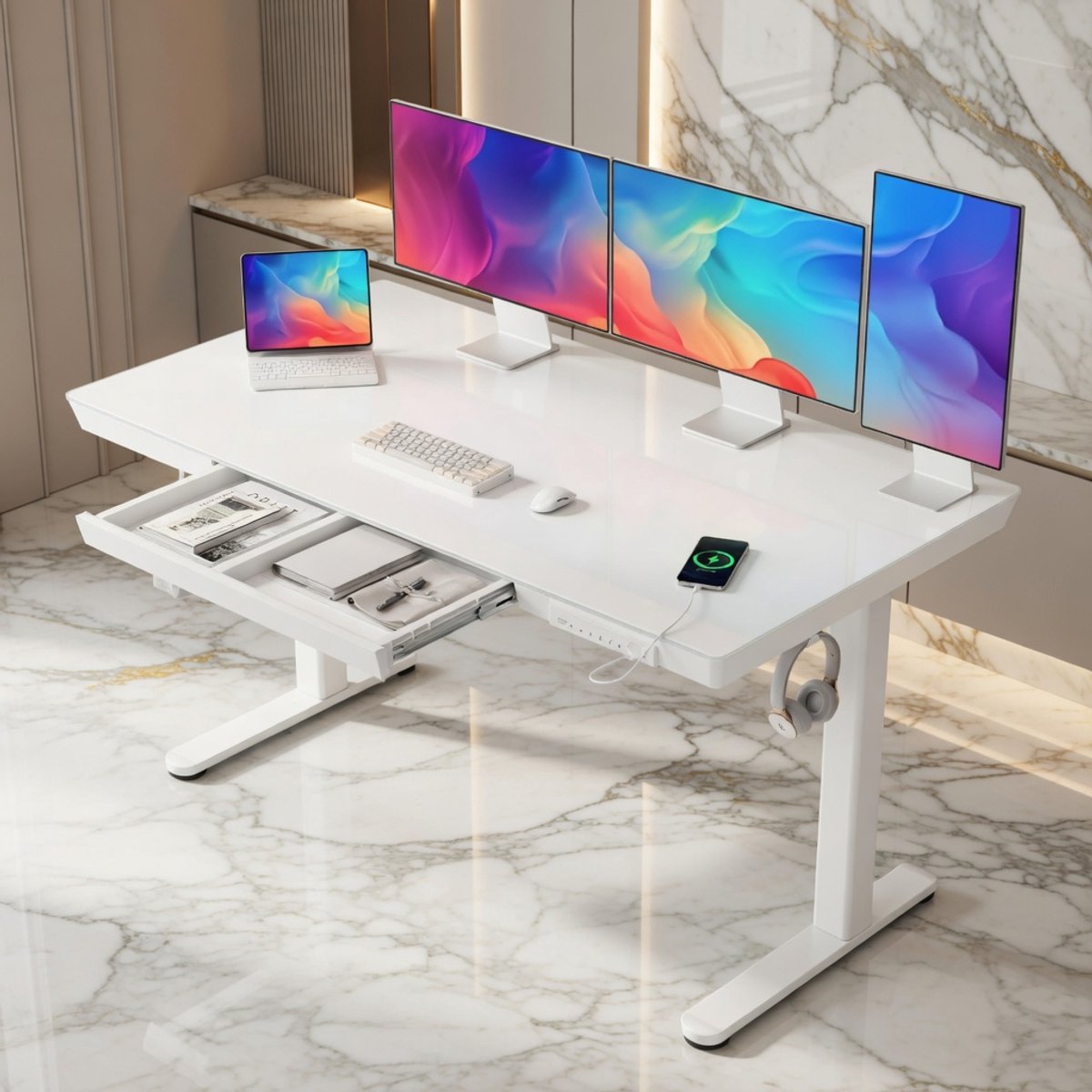 Elegance Sta-Zit Bureau 140x60 cm – Elektrisch In Hoogte Verstelbaar Bureau met Glazen Blad, Stille Motor, Ergonomisch Design voor Thuis- en Kantoorwerk, USB & Type-C Opladen, Modern Wit House&Garden