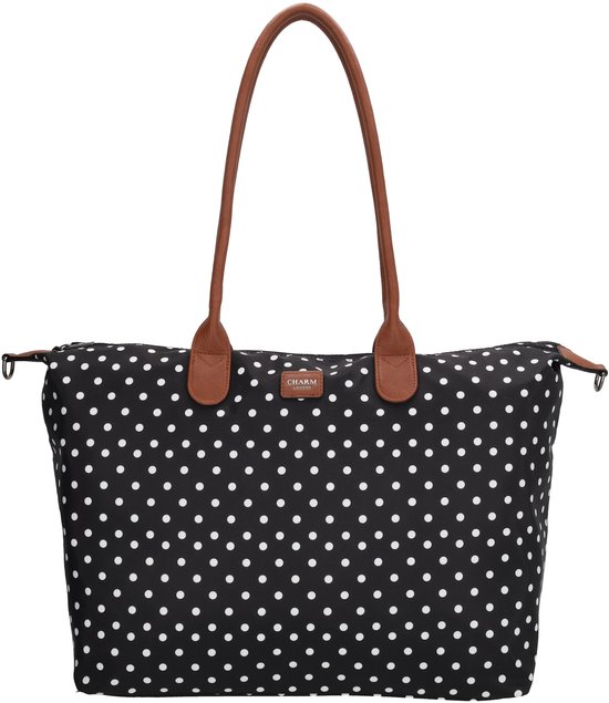 Zwarte laptoptas met witte stippen en bruine leren hengsels.
