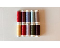 Set van 10× naaigaren – Mettler Seralon & Métis – 200m – Rood, goud, pastelblauw & groen